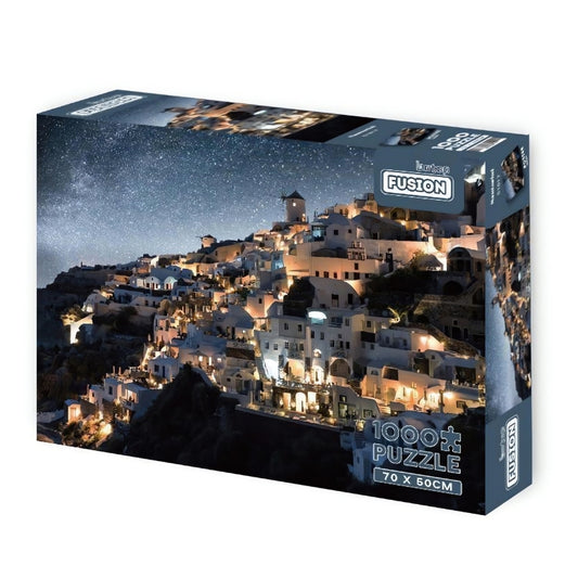 Santorini puzzle box with night-lit village under a starry sky