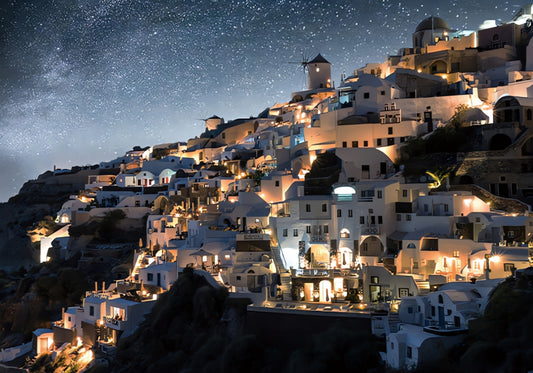 Detailed Santorini puzzle image with glowing white buildings and starlit sky