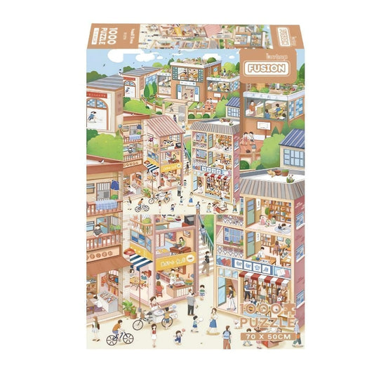 Small Town puzzle box with colourful buildings and lively town street scene