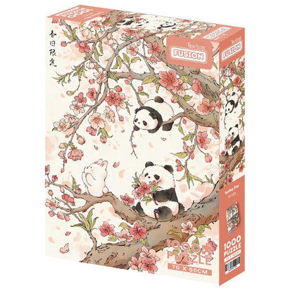 Spring Day puzzle box with pandas playing among blooming cherry blossoms