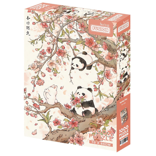 Spring Day puzzle box with pandas playing among blooming cherry blossoms