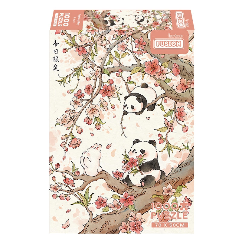 Spring Day puzzle box with pandas playing among blooming cherry blossoms