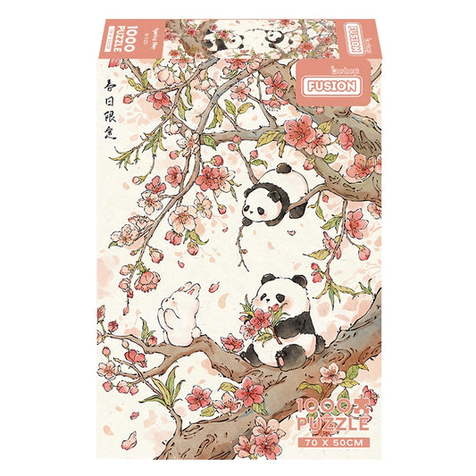 Spring Day puzzle box with pandas playing among blooming cherry blossoms