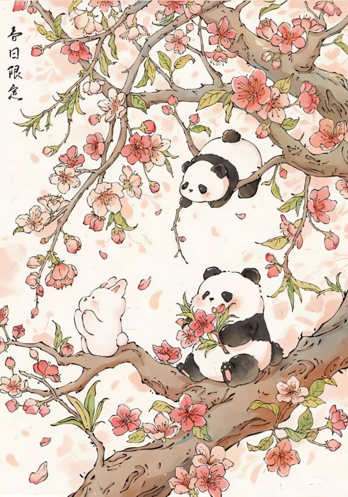Pandas sitting and climbing on tree branches covered in pink spring blossoms