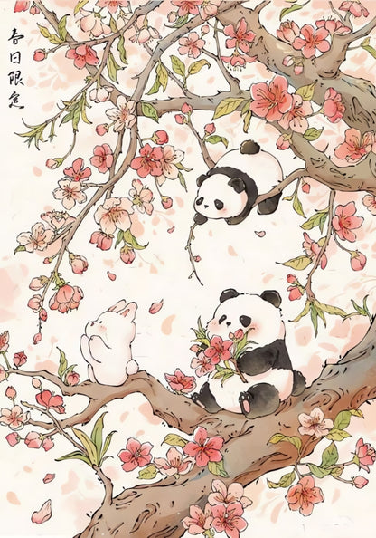 Pandas sitting and climbing on tree branches covered in pink spring blossoms