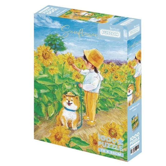 Sunflower Girl puzzle box with child and dog in vibrant sunflower field