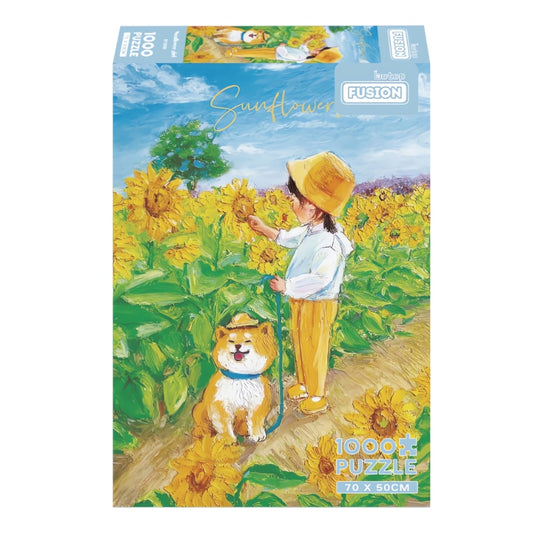 Sunflower Girl puzzle box with child and dog in vibrant sunflower field