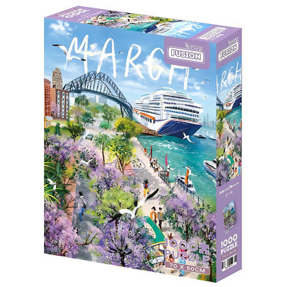 Front of the Admire Flowers puzzle box featuring a vibrant harbour scene with blooming jacarandas, Sydney Harbour Bridge, and