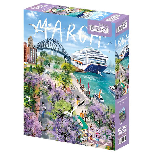 Front of the Admire Flowers puzzle box featuring a vibrant harbour scene with blooming jacarandas, Sydney Harbour Bridge, and