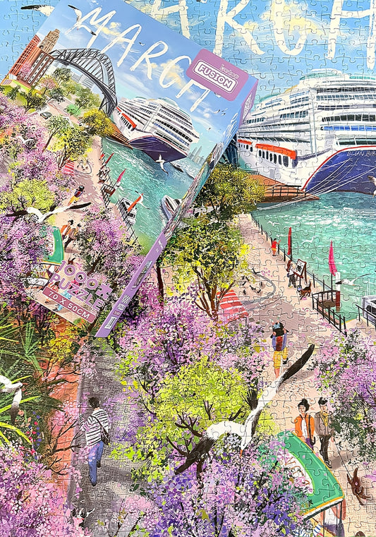 Completed Admire Flowers puzzle with the box placed on top, showing matching artwork of a harbour scene with cruise ship and