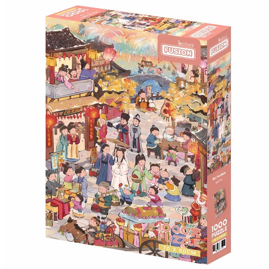 Puzzle box for Bai Suzhen 1000-piece jigsaw puzzle by Botop featuring a spring festival street scene