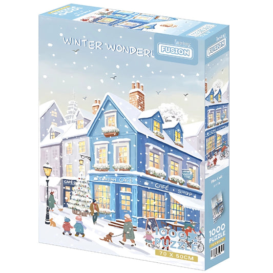 Box image of the Blue Cafe puzzle showing a snow-covered cafe and street scene with holiday charm.