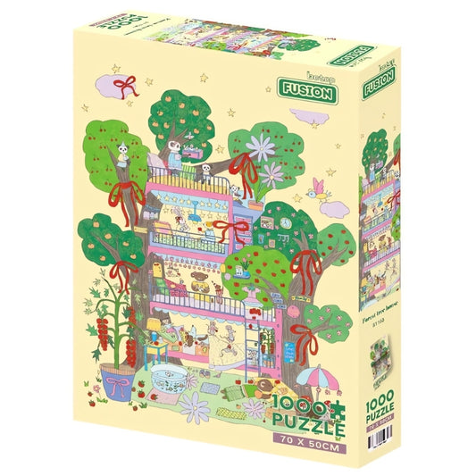Front of the Forest Tree House puzzle box showing a whimsical multi-level tree house surrounded by animals, ribbons, and frui
