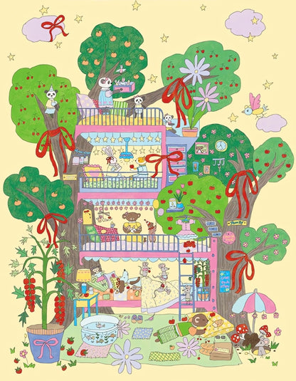 Illustrated design of a playful tree house filled with animals, stars, red bows, and blooming trees set against a soft yellow
