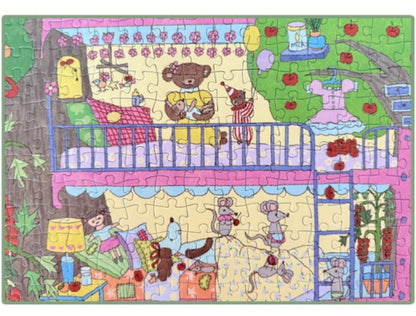 Zoomed-in view of the bottom floors of the puzzle, featuring bears, mice, and bunnies knitting, relaxing, and playing in cosy
