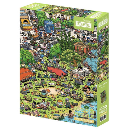 Colourful 1000 piece puzzle box featuring a chaotic camping scene filled with characters, tents, food stalls, and a river.