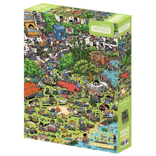 Colourful 1000 piece puzzle box featuring a chaotic camping scene filled with characters, tents, food stalls, and a river.
