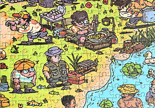 Close-up of assembled puzzle showing a camper stirring noodles, surrounded by quirky characters.