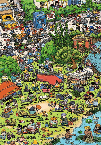 Full illustration of the puzzle with detailed cartoon-style campers, trees, food stands, and lively outdoor scenes.