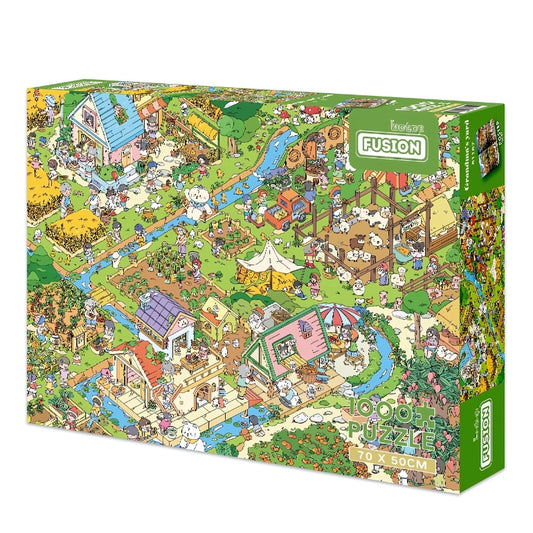 Box image of Grandma’s Yard 1000-piece jigsaw puzzle showing a colourful cartoon-style countryside farm.