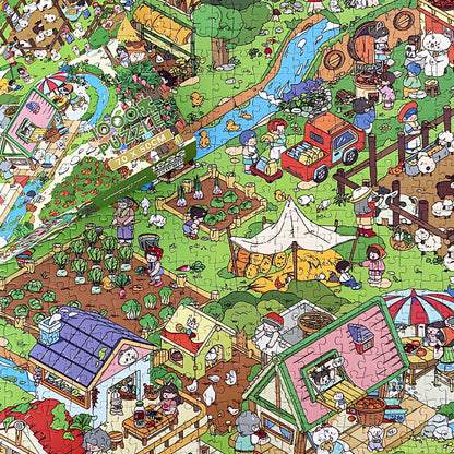 Flat lay of completed Grandma’s Yard puzzle with box placed on top, highlighting farm details.