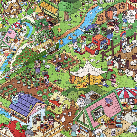 Flat lay of completed Grandma’s Yard puzzle with box placed on top, highlighting farm details.