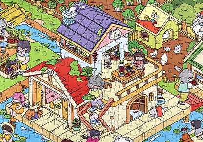 Close-up of Grandma’s Yard puzzle pieces featuring characters carrying produce near a house.