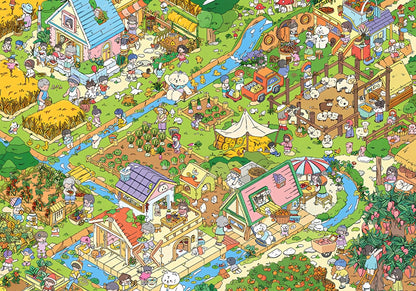 Flat lay of completed Grandma’s Yard puzzle with box placed on top, highlighting farm details.
