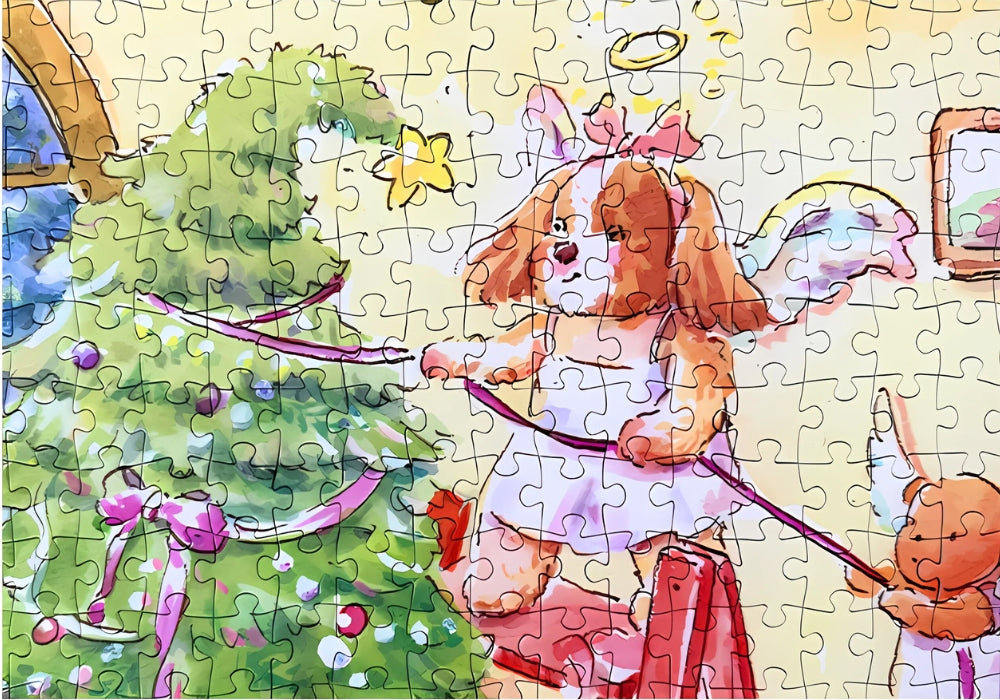 Close-up puzzle view of angel bunny decorating a Christmas tree from the Little Cute jigsaw puzzle