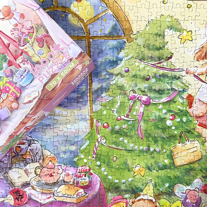 Puzzle and box side-by-side showing festive fireplace, tree and toy characters in Little Cute