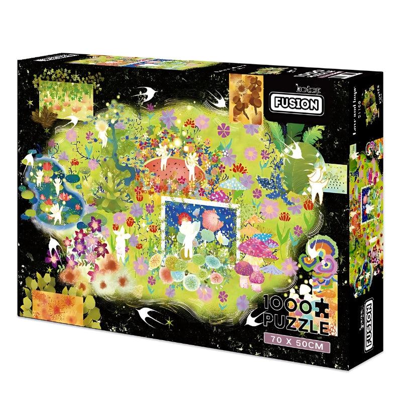 "Love and Hope" puzzle box, showing vibrant floral artwork with glowing figures.