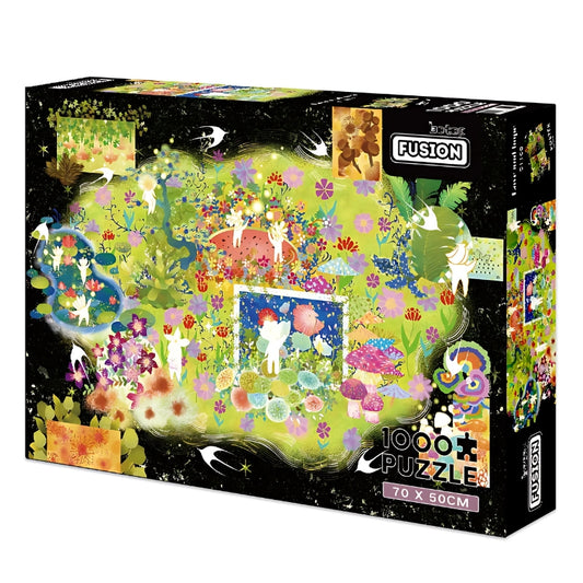 "Love and Hope" puzzle box, showing vibrant floral artwork with glowing figures.