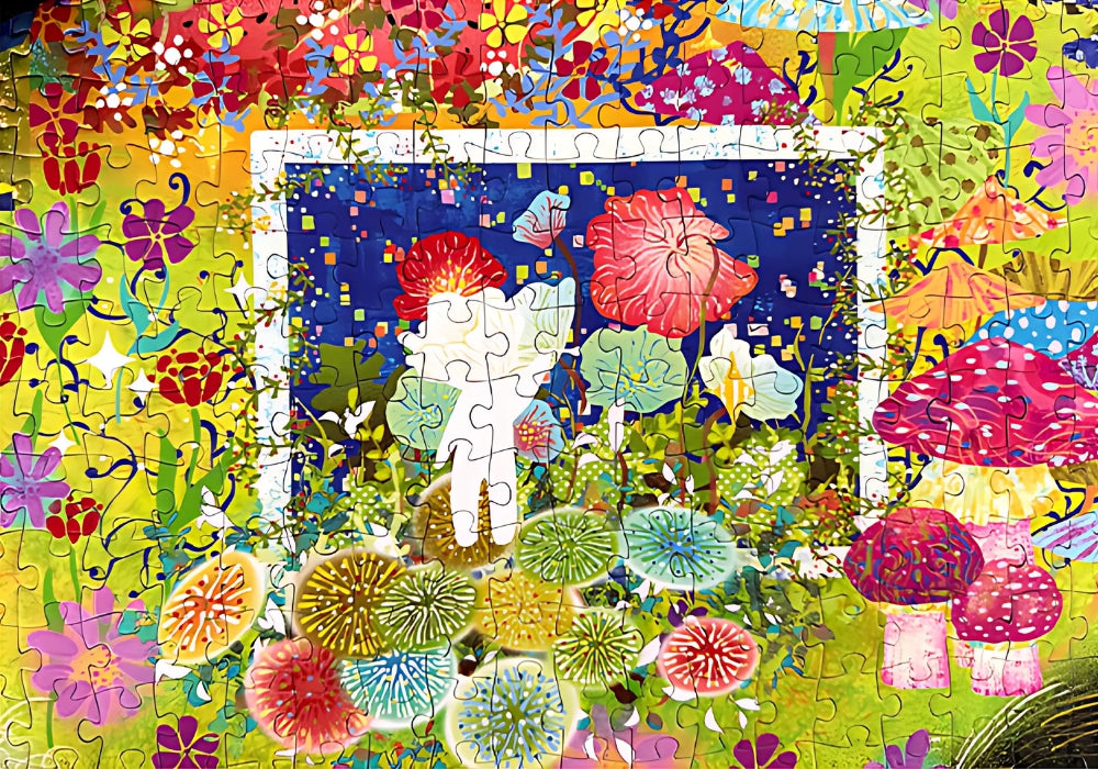 Close-up of the assembled "Love and Hope" puzzle showing flower fields and dreamy silhouettes.
