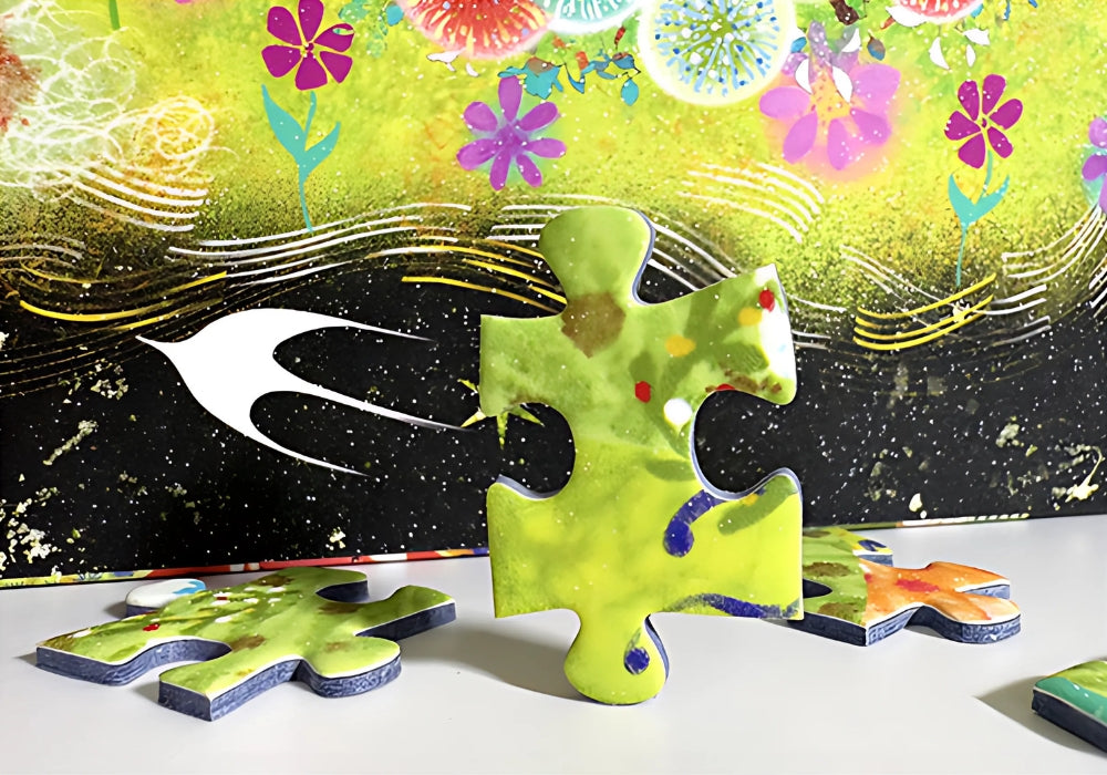 Standing puzzle piece from "Love and Hope" showcasing the glossy texture and vivid print detail.