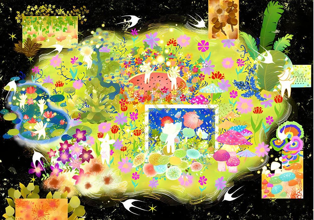 Full illustration of the “Love and Hope” puzzle artwork with floating elements, flowers, and stars.
