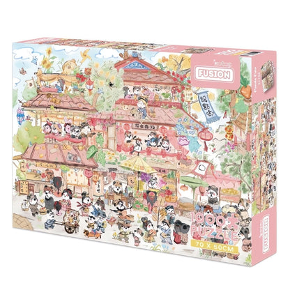 Botop Panda Fair 1000 piece puzzle box featuring a lively cartoon street market scene with pandas in traditional outfits