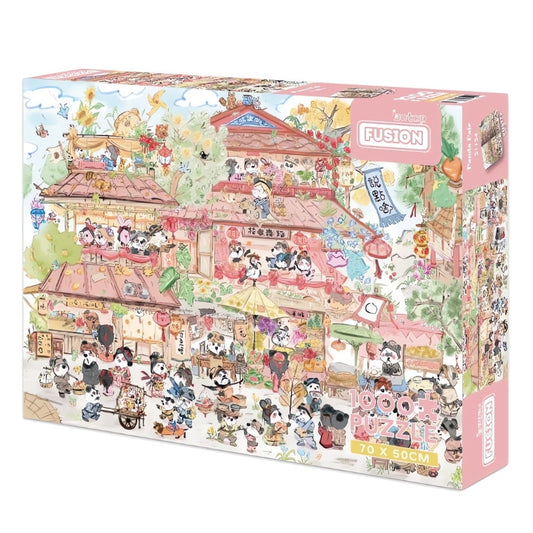 Botop Panda Fair 1000 piece puzzle box featuring a lively cartoon street market scene with pandas in traditional outfits