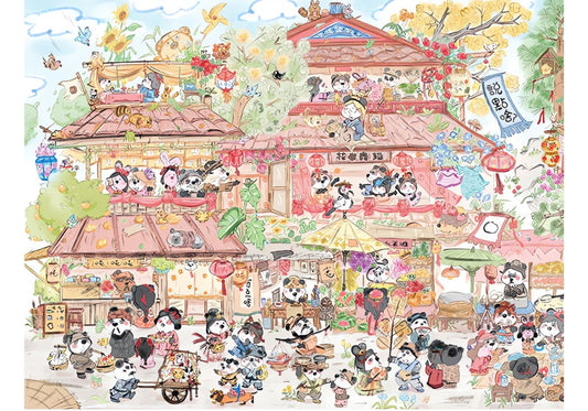 Panda Fair puzzle artwork showing pandas shopping, dining, and performing in a festive Chinese village setting