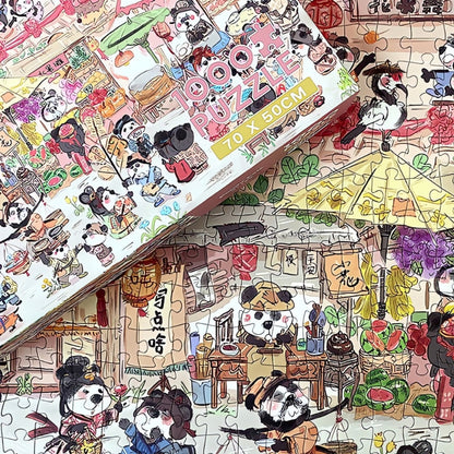 Close-up of Panda Fair puzzle and box featuring adorable pandas running a food stall and enjoying the marketplace