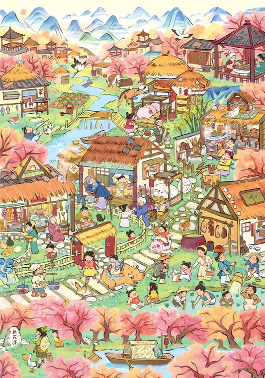 Close-up of the full Peach Blossom puzzle featuring a spring village scene