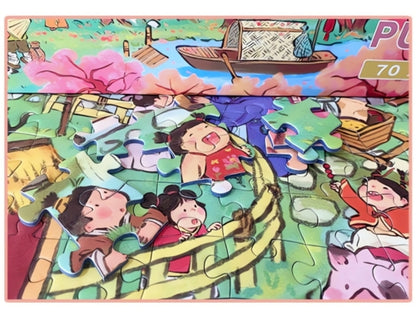 Zoomed-in view of children playing in the Peach Blossom jigsaw