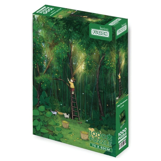 Botop 1000 piece puzzle box titled Pick Persimmons, featuring a child picking fruit in a lush green forest with baskets.