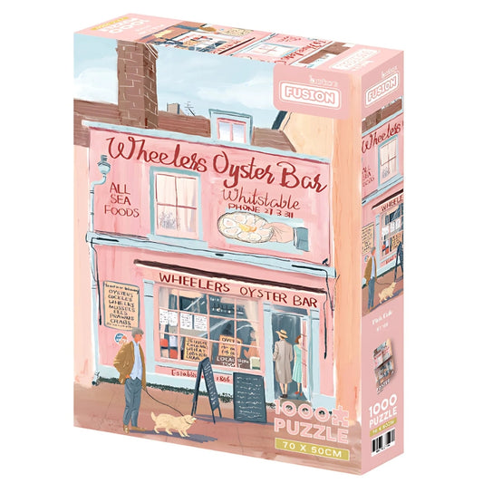 Box of Pink Café puzzle showing Wheeler’s Oyster Bar – seaside town puzzle.