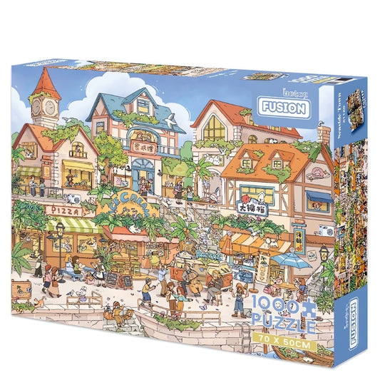 Botop Seaside Town 1000 piece puzzle box featuring a colourful coastal village with cafes, shops, and lively streets