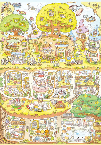 Close-up of Botop Secret Base puzzle artwork showing detailed forest treehouses, bridges, and animals in soft pastel tones
