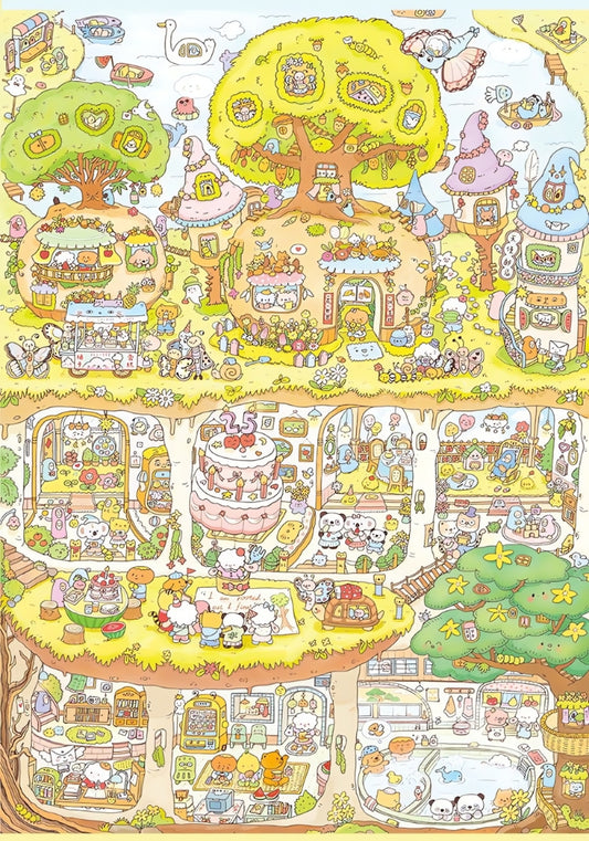 Close-up of Botop Secret Base puzzle artwork showing detailed forest treehouses, bridges, and animals in soft pastel tones