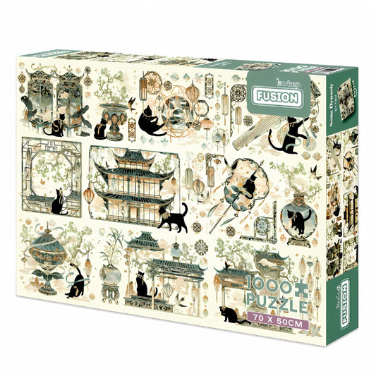 Box of Song Dynasty puzzle featuring elegant Chinese buildings and black cats