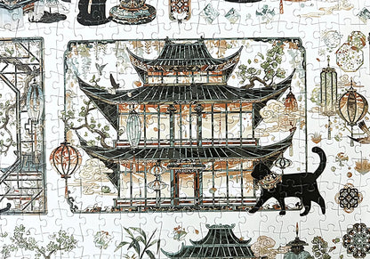 Song Dynasty puzzle artwork showing traditional buildings, lanterns, and black cats
