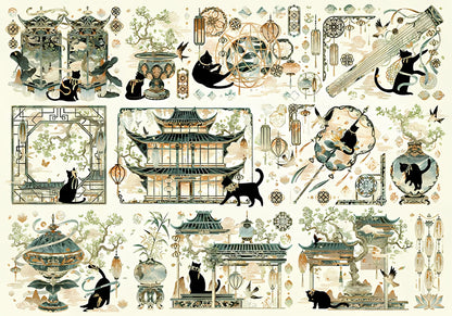 Close-up of Song Dynasty puzzle showing a black cat walking in front of a pagoda