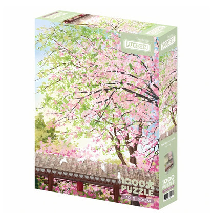 Spring on Earth 1000 piece puzzle box by Botop, featuring pastel cherry blossoms and white cats on a tiled roof.